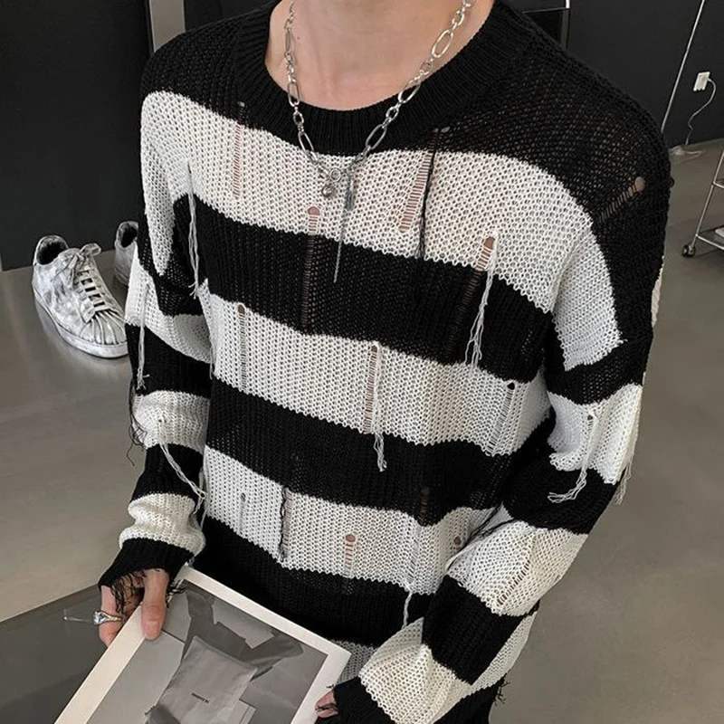 Spring Summer Fashion Tassel Ripped Hole Men Long Sleeve O Neckknitted Sweater Black White Striped Print All-match Casual Couple