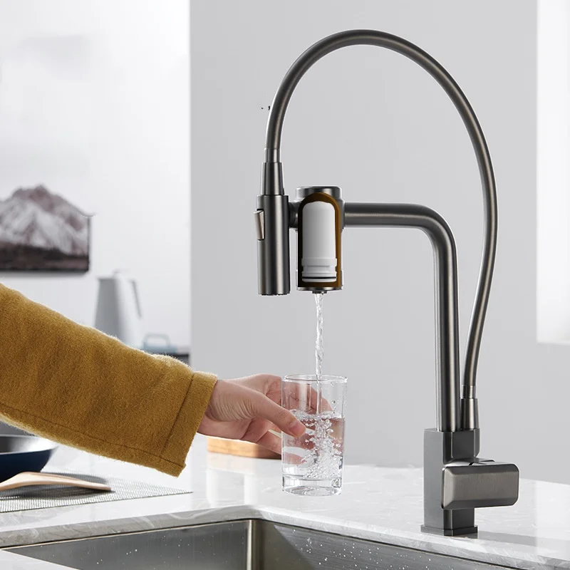 Kitchen Sink Faucet Grey Chrome Brass Pull Down Sink Mixer Tap Rotation Sink Mixer Taps with Fillter  Kitchen Tap