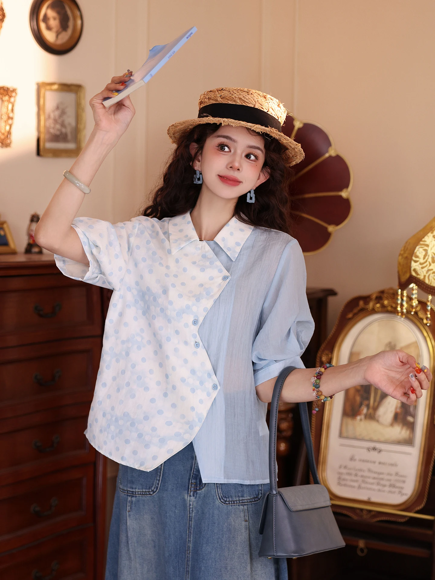 

Chen Jiajie Summer Polka Dot Patchwork Shirt Versatile Bamboo Fiber Loose Fit Women's Fashion Vintage Style Slimming Top