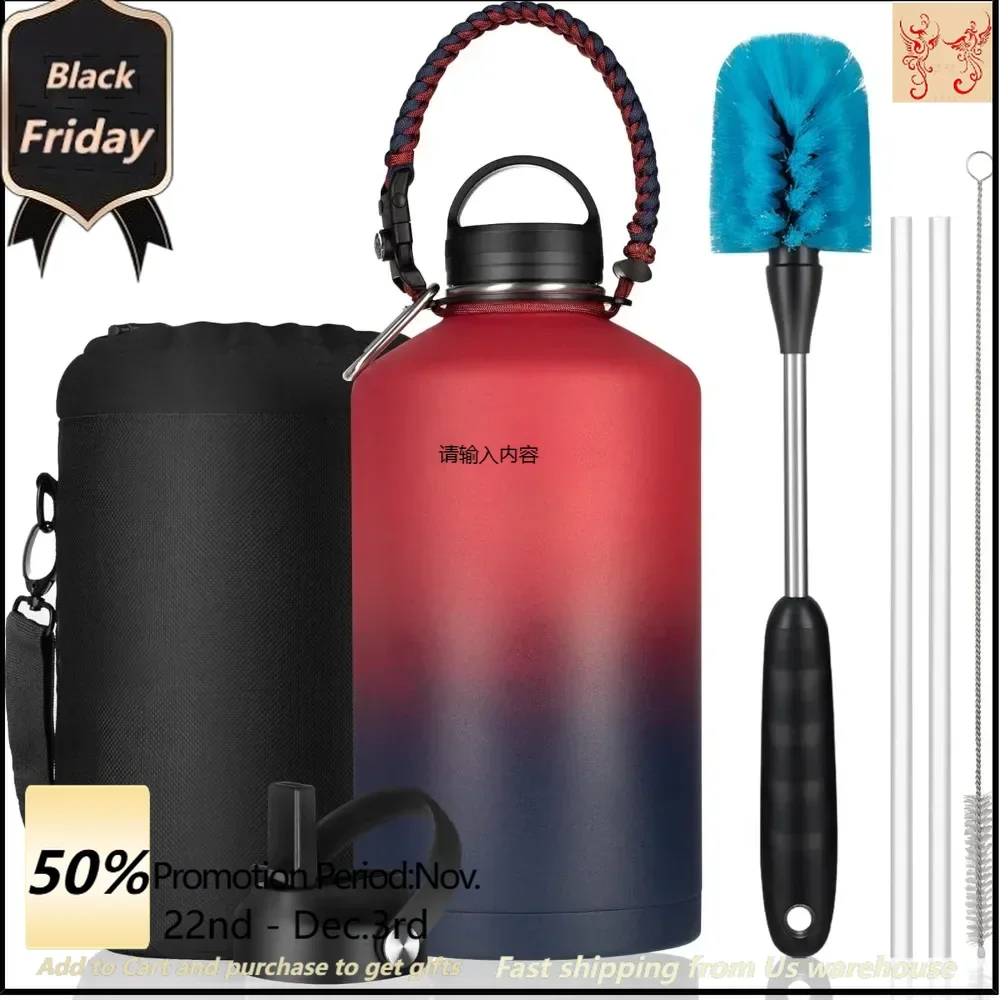 Insulated water bottle 64oz with paracord handle and bottle brush, 64oz double wall vacuum stainless steel kettle metal kettle