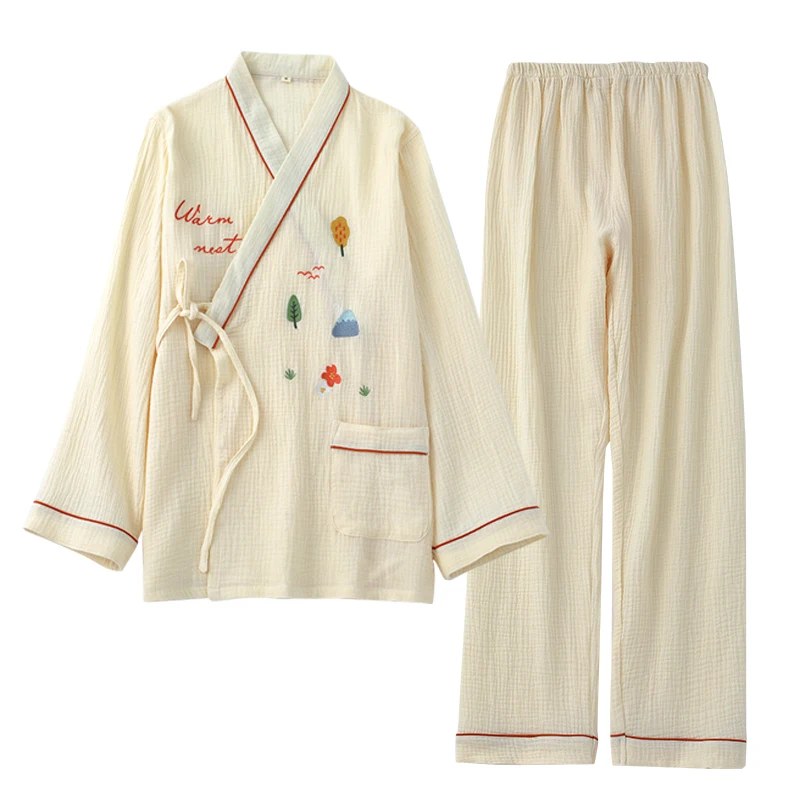 Embroidery Kimono Pajamas Women Pure Cotton Yarn Long Sleeve Loose Sweat Steamed Home Hanfu Two Sets Beige Thin