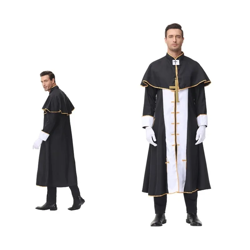 

Men Black Priest Costume Classic Clergy Style Robe Priest Outfit Cosplay Dress Up Halloween Costumes for Men