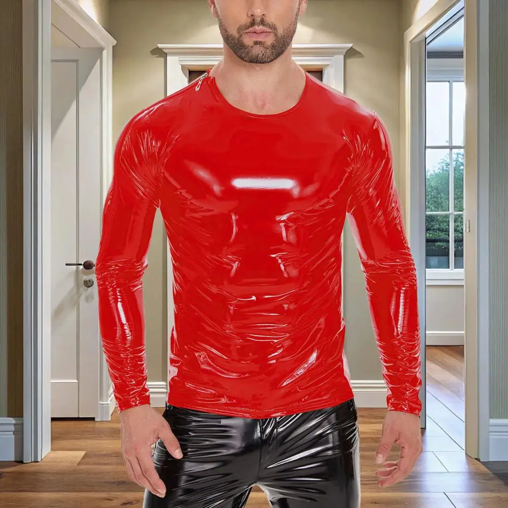 الرجال السائل لامعة فو الجلود الأعلى لامع الرطب نظرة طويلة الأكمام المحملة سستة الكتف قميص الهيب هوب ملهى ليلي حزب بلوزة