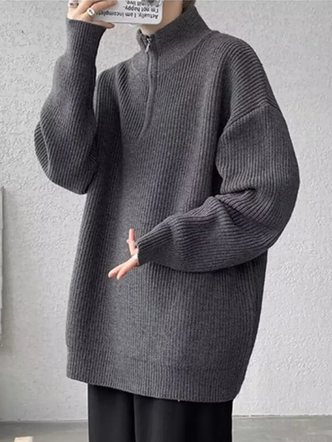 Thiened f-Collo alto Cerniera Maglione lavorato a maglia da uomo Colore puro Mid-Ne Pullover Inverno Faion Caldo morbido lungo Sve Top