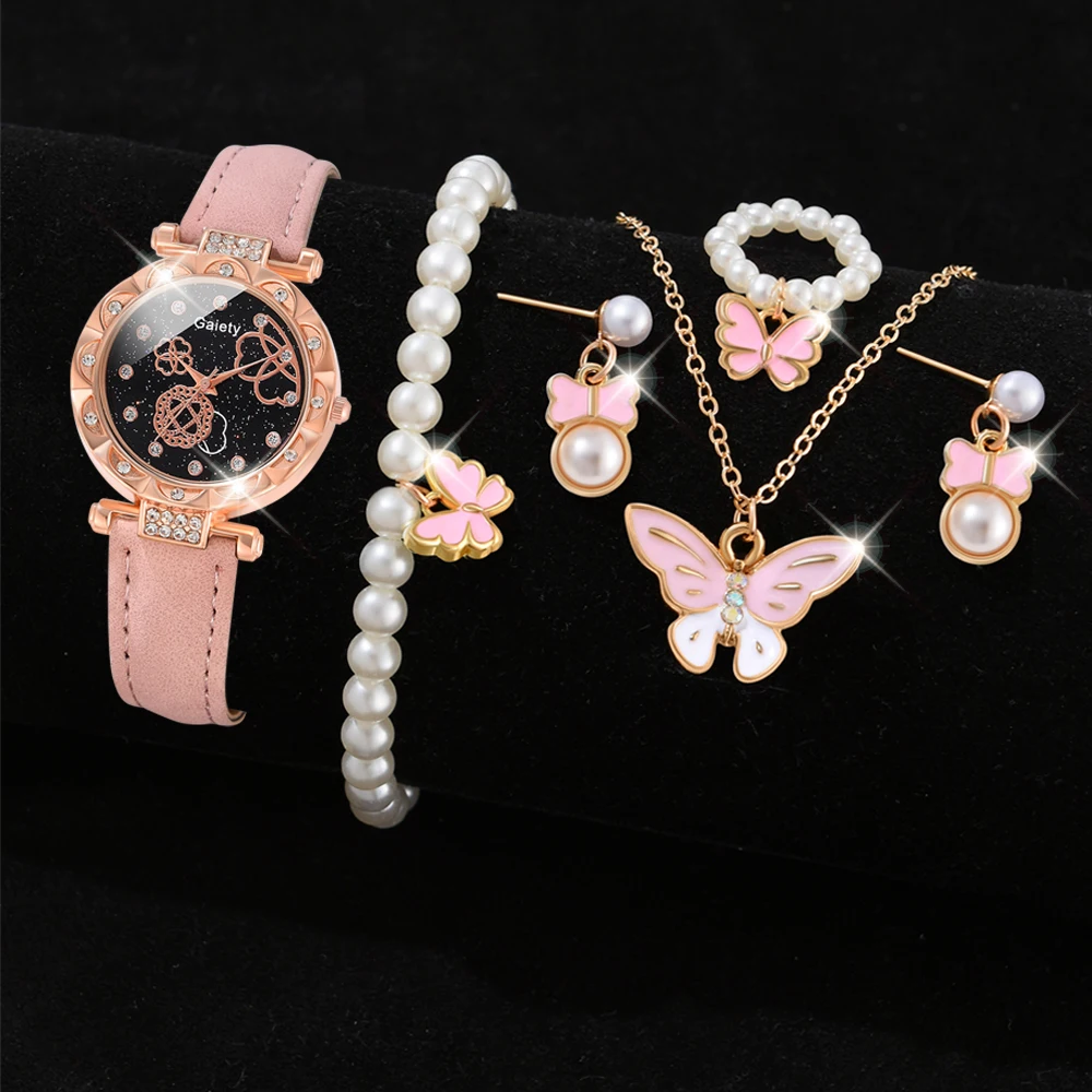 6PCS/Set Women White Round Quartz Watch PU Leather Strap Casual Fashion Wristwatch Butterfly Jewelry Watch Set Gift For Her