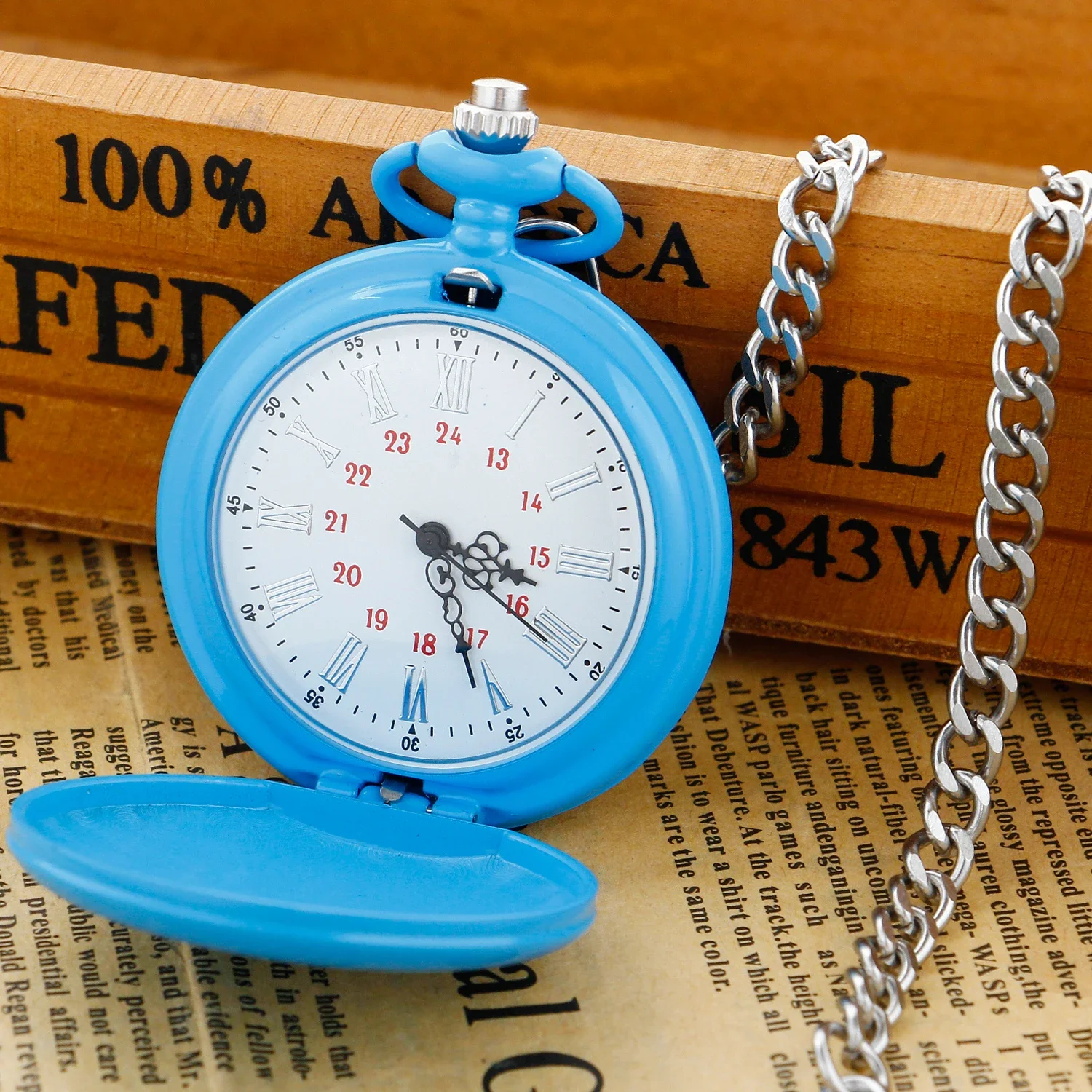 Sky Blue Vintage Quartz Pocket Watch Women's Necklace Jewelry Clothing Accessories 80cm Chain Art Collection reloj de bolsillo