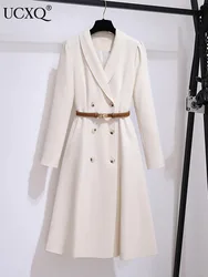 UCXQ-Women's Double Breasted Blazer Dress with Belt, Long Sleeve, Party Dresses, Elegant, Autumn, Winter, New, 2024 A5865