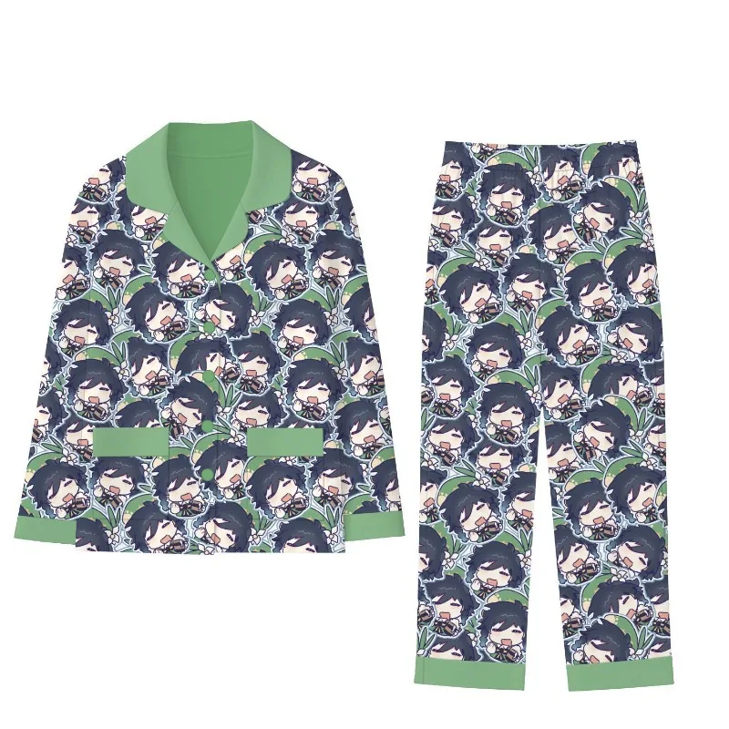 

2025 аниме Gs Impact Game Cos Xiao унисекс с мультяшным принтом, весенне-осенний пижамный комплект с длинными рукавами и квадратным вырезом Prezzie