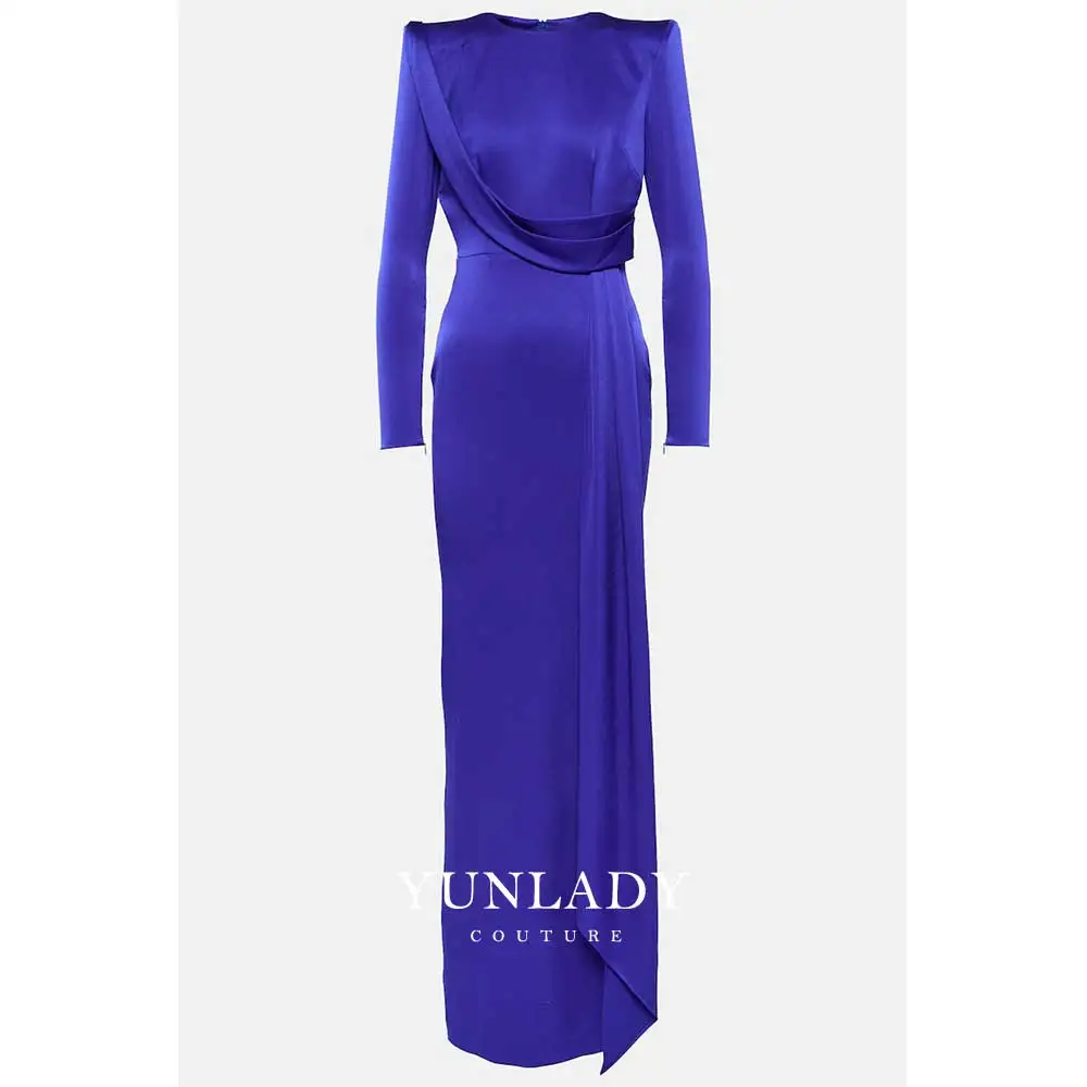 YUNLAN Luxury Dubai Royal Blue Formal Satin Evening Dress 2024 New Women Elegant Party Long Sleeve Slit Ribbon Long Dress