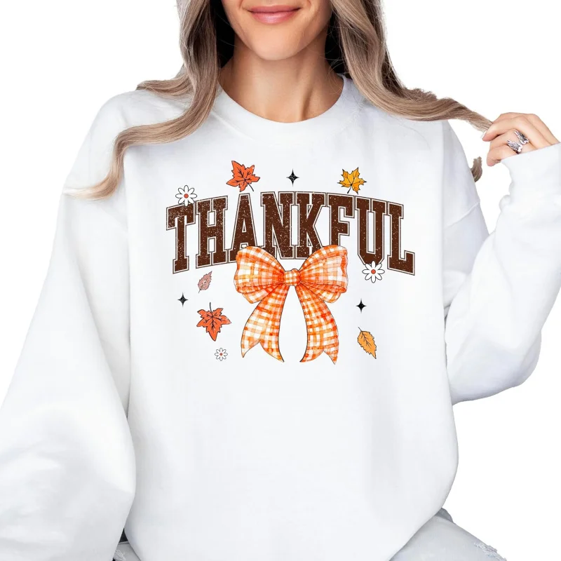 Grateful orange bow long sleeved sweatshirt suitable for girls and teenagers loose fitting pullover