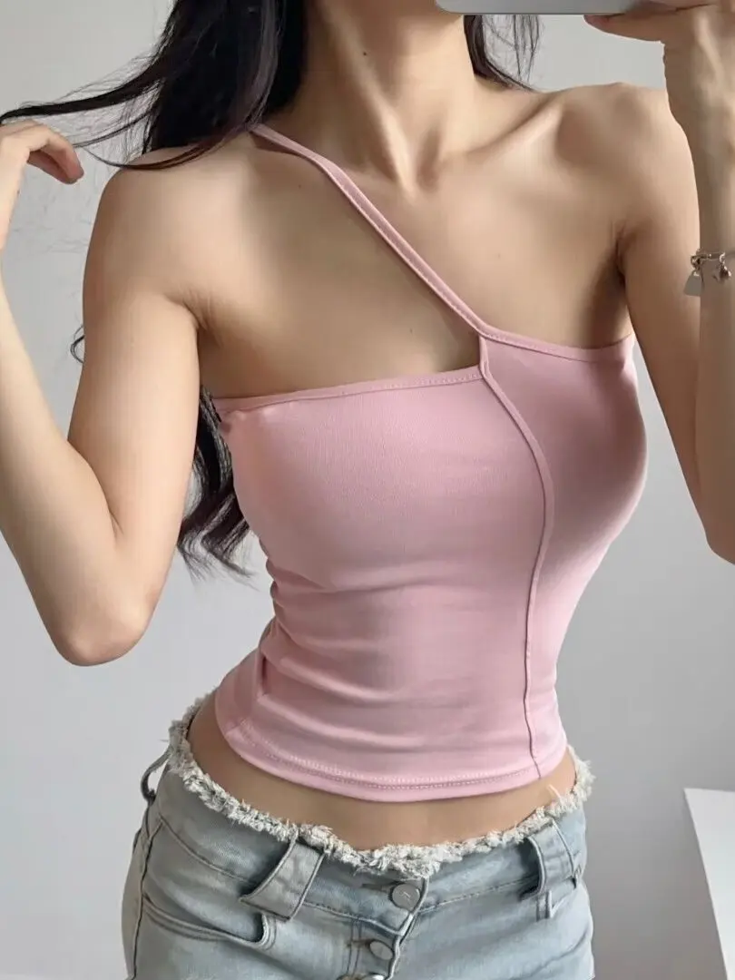 New 2024 Summer Europe/America Style Skew Collar Off Shoulder Vest Women Cinching Waist Solid Slim Casual Versatile Top PULV