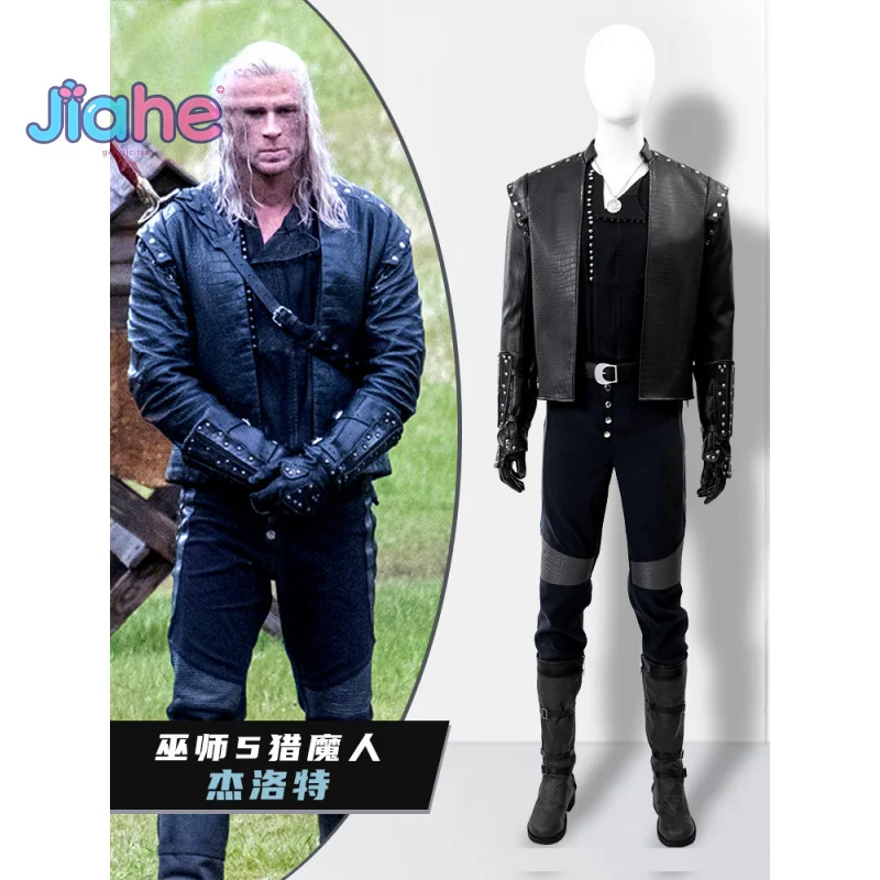 Witcher 5 Movie Geralt Cosplay The Costume Shoes معطف قفازات حزام الهالوين عالي الجودة من الجلد الأسود مجموعة الخيال للرجال
