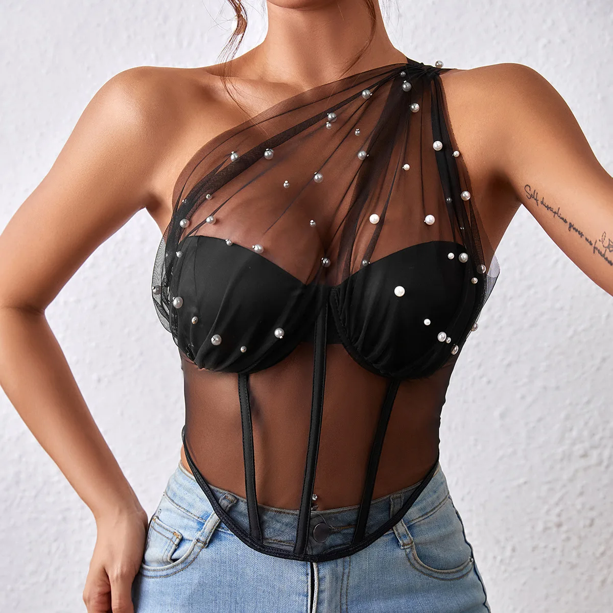 

Sexy See-through Mesh Beaded Tank Top Backless Off Shoulder Halter Crop Tops Women Sleeveless Camisole Tube Top Cropped Vest