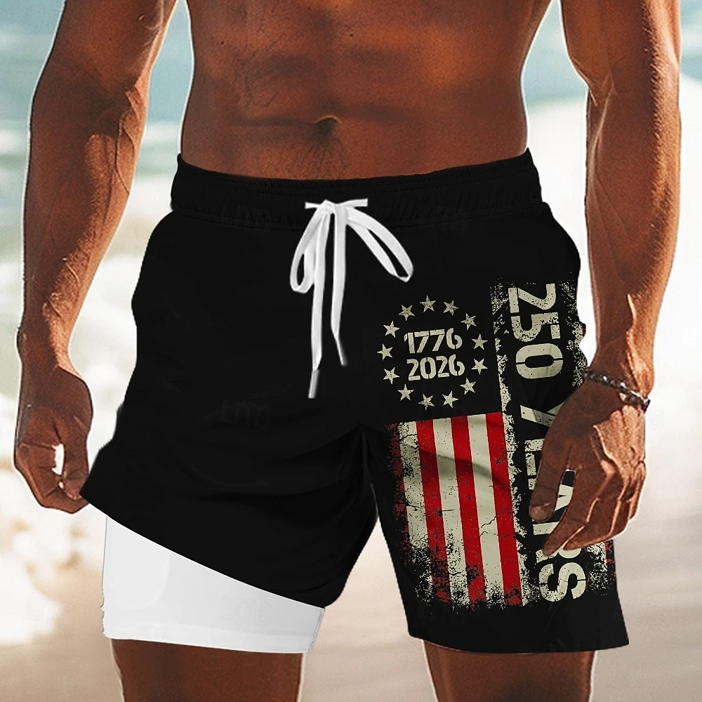 

Мужские шорты для бега 2-в-1 к 250-летию США (1776-2026), патриотические, для спортзала, фитнеса, тренировок, быстросохнущие, летние, пляжные, для активного отдыха
