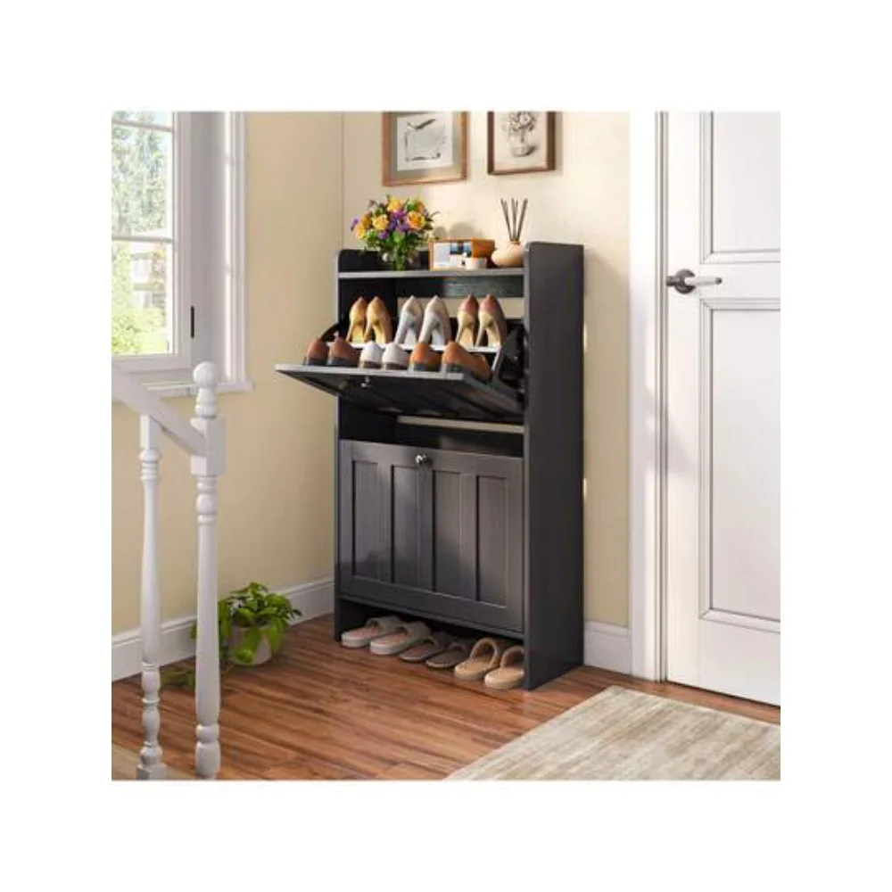 Shoe Cabinet With 2 Flip Drawers, Shoe Organizer Storage For Entryway, Freestanding Narrow Rack Cabinet With Space-Saving Design, For Hallway Closet Bedroom, Black view 3