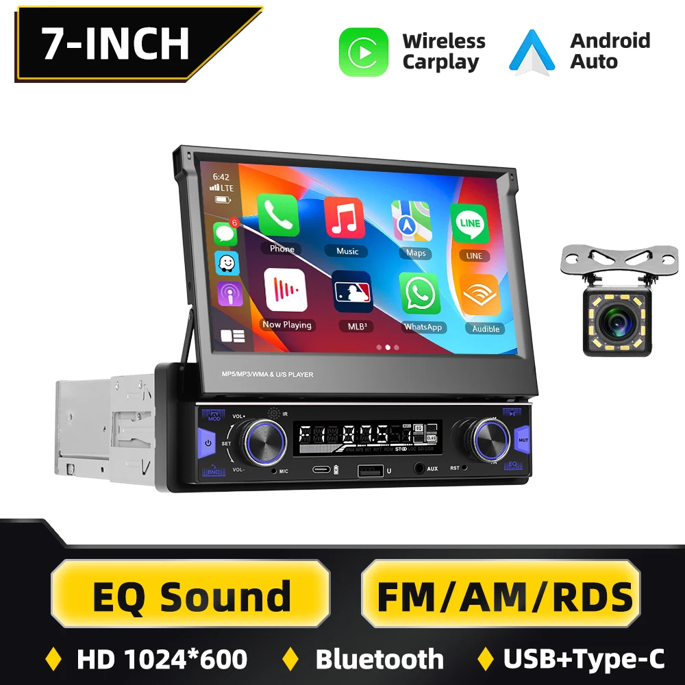 Podofo 7-Zoll Ausziehbarer Bildschirm 1Din Carplay Auto-MP5-Multimedia-Player Android Auto Video-Radioempfänger Mit FM AM RDS EQ Soundeffekte Auto-Audio-Video-System-Upgrade