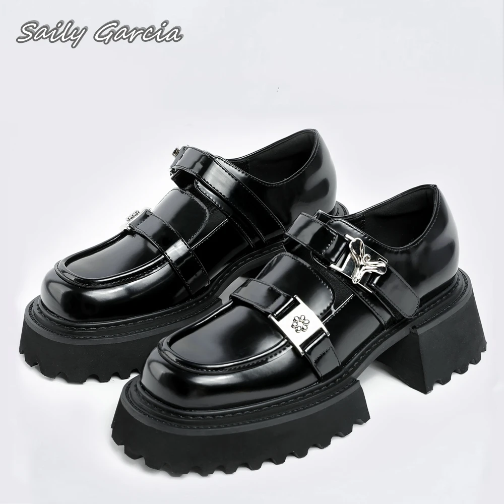 

Black Metal Buckle Strap Chunky Heel Leather Shoes 2024 Glossy New Fashion All-Match Shoes Mary Jane Platform Casual Shoes