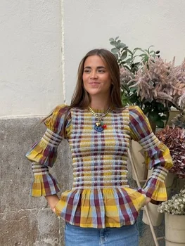 Dames Casual Geruite Contrasterende Slanke Pasvorm Pofmouw T-Shirt Casual Geplooide Ronde Hals Korte Tops 2024 Lente Dames Hoge Streetwear