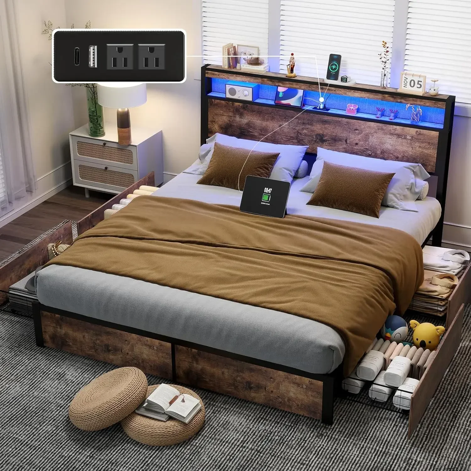 King Size Bed Frame with 4 Storage Drawers and Headboard with Charging Station and LED Lights