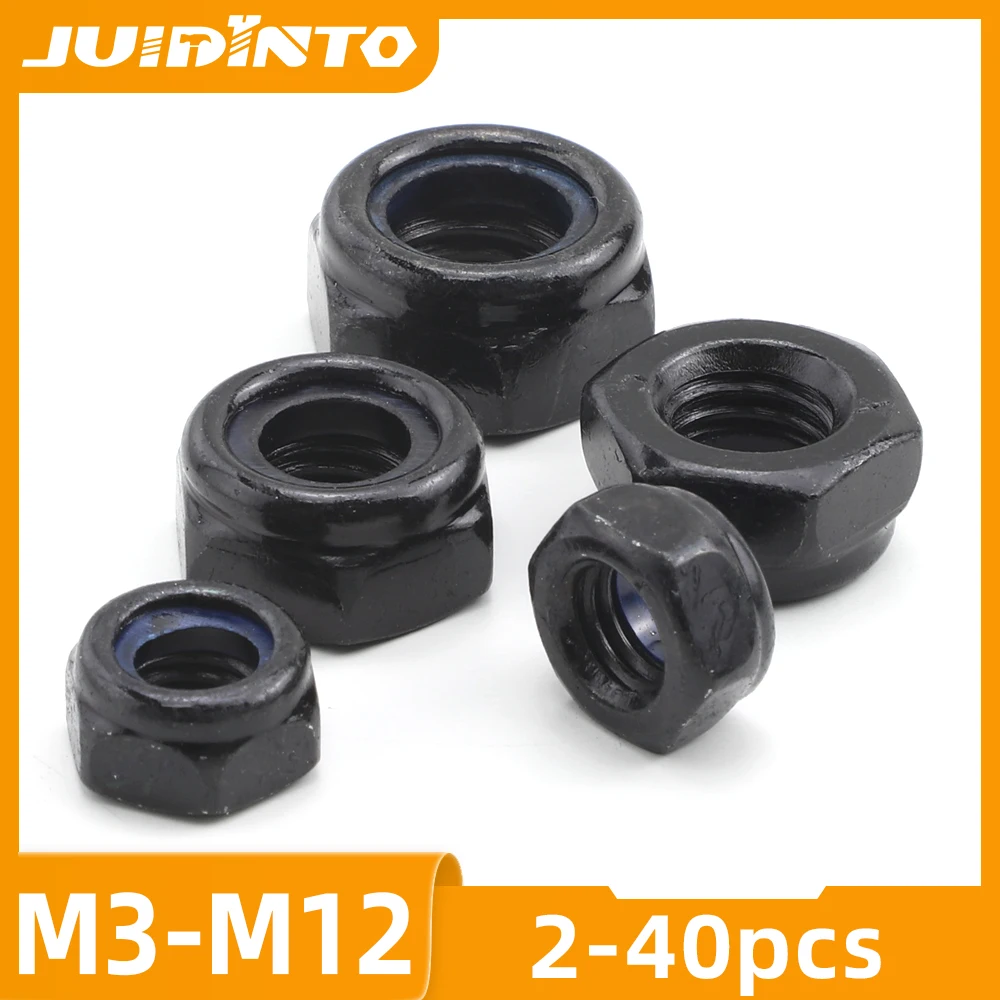 

JUIDINTO 2-40pcs Black Nylon Lock Nuts M3 M4 M5 M6 M8 M10 M12 Black Plated Self-locking Nut Locknut with Blue Nylon Insert