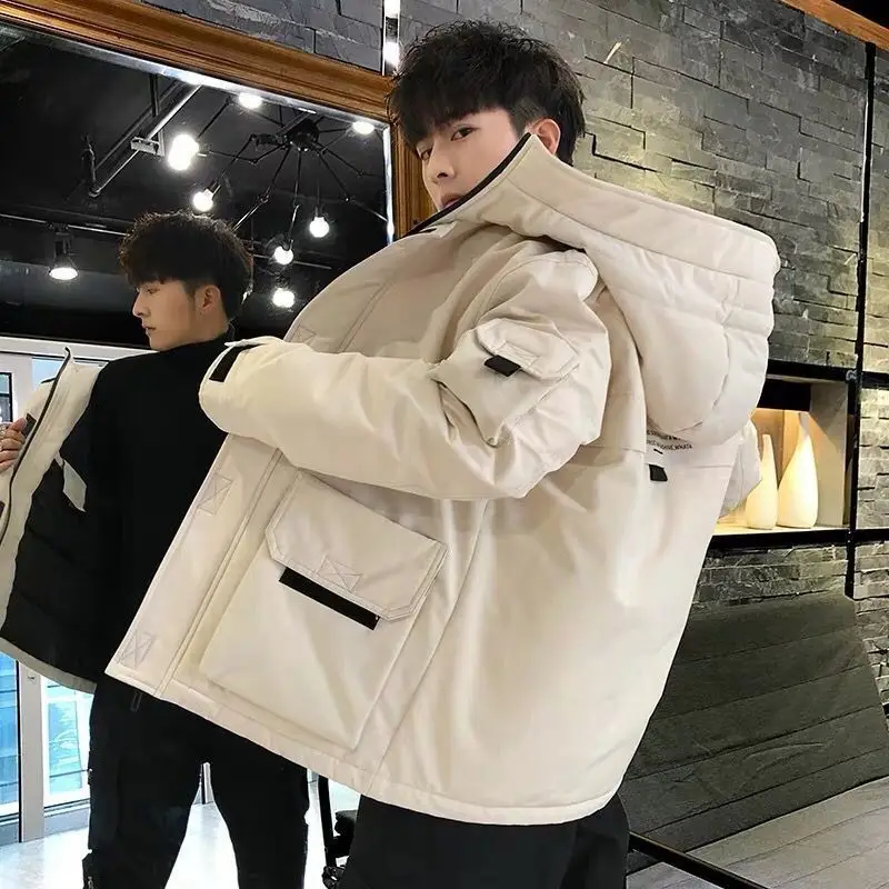 

Men 2025 Winter Fashion Loose Tooling Down Jackets Men's White Duck Down Hooded Coats Male Short Casual Warm Overcoats