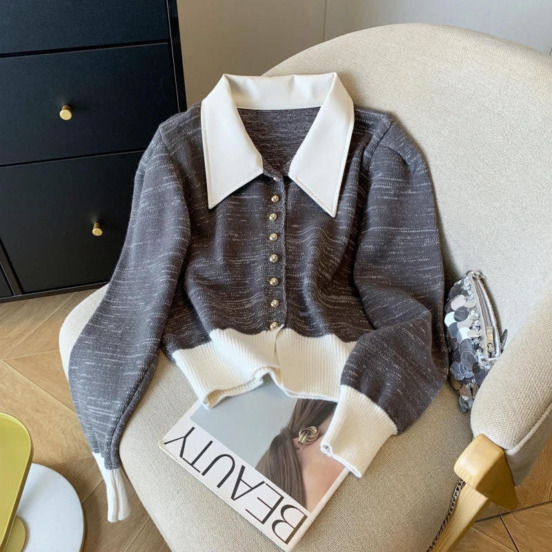 

Contrast Leather Stitching Polo Collar Sweater for Women Autumn and Winter Long-sleeved Knitted Cardigan Top Female Colothing