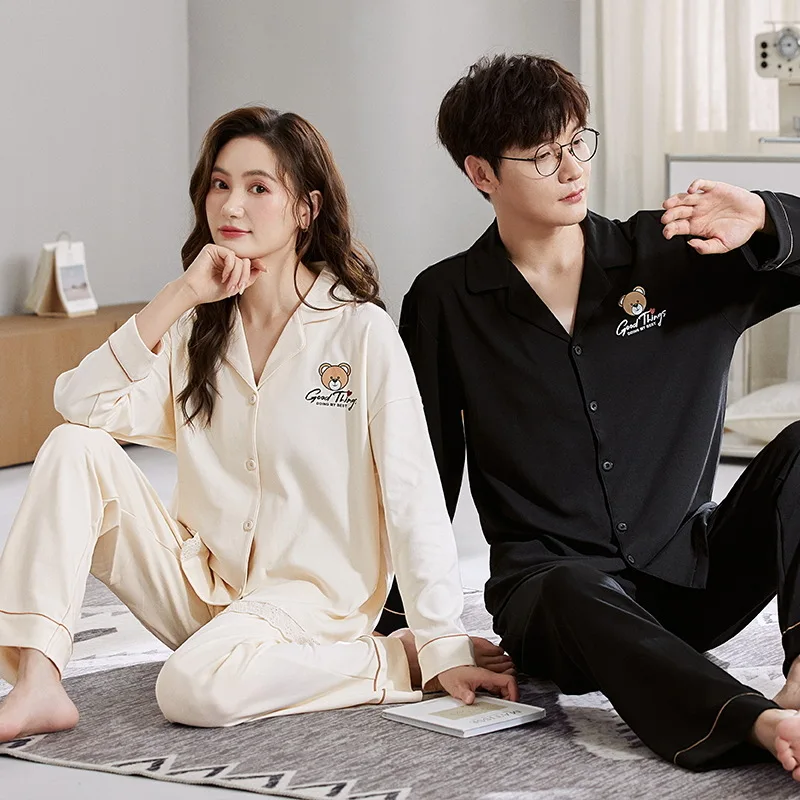 Couple Pajamas Lapel Cardigans Long Sleeved Cotton Simple Casual Ladies Plus Size Sleepwear Men's Autumn and Spring loungewear