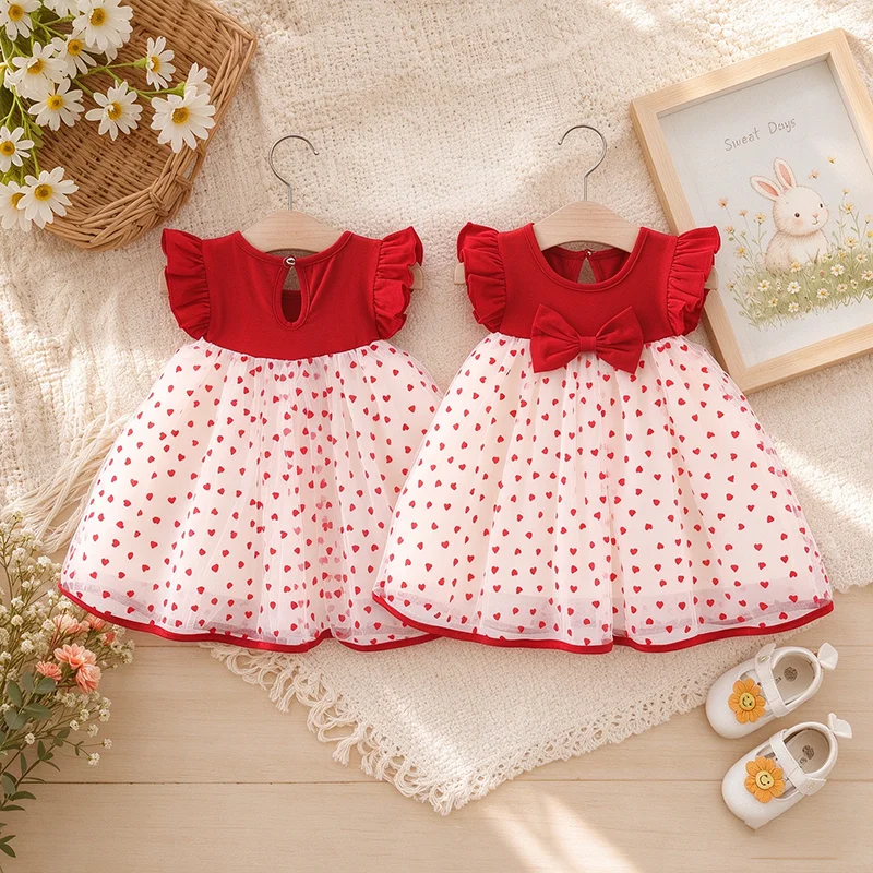 0-3 Y Kids Summer Little Flying Sleeve Dress Lovely Heart Children Clothing Sweet Bow Baby Girl Princess Birthday Party Dresses
