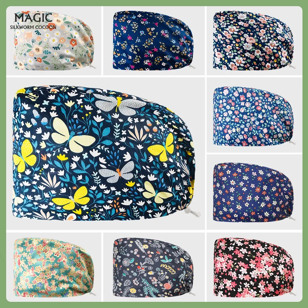 Unisex Katoen Ademend Print Verstelbare Huisdier Ziekenhuis Werk Hoeden Chirurgische Arts Verpleging Cap Schoonheidsspecialiste Medische Scrubs Vrouwen Cap