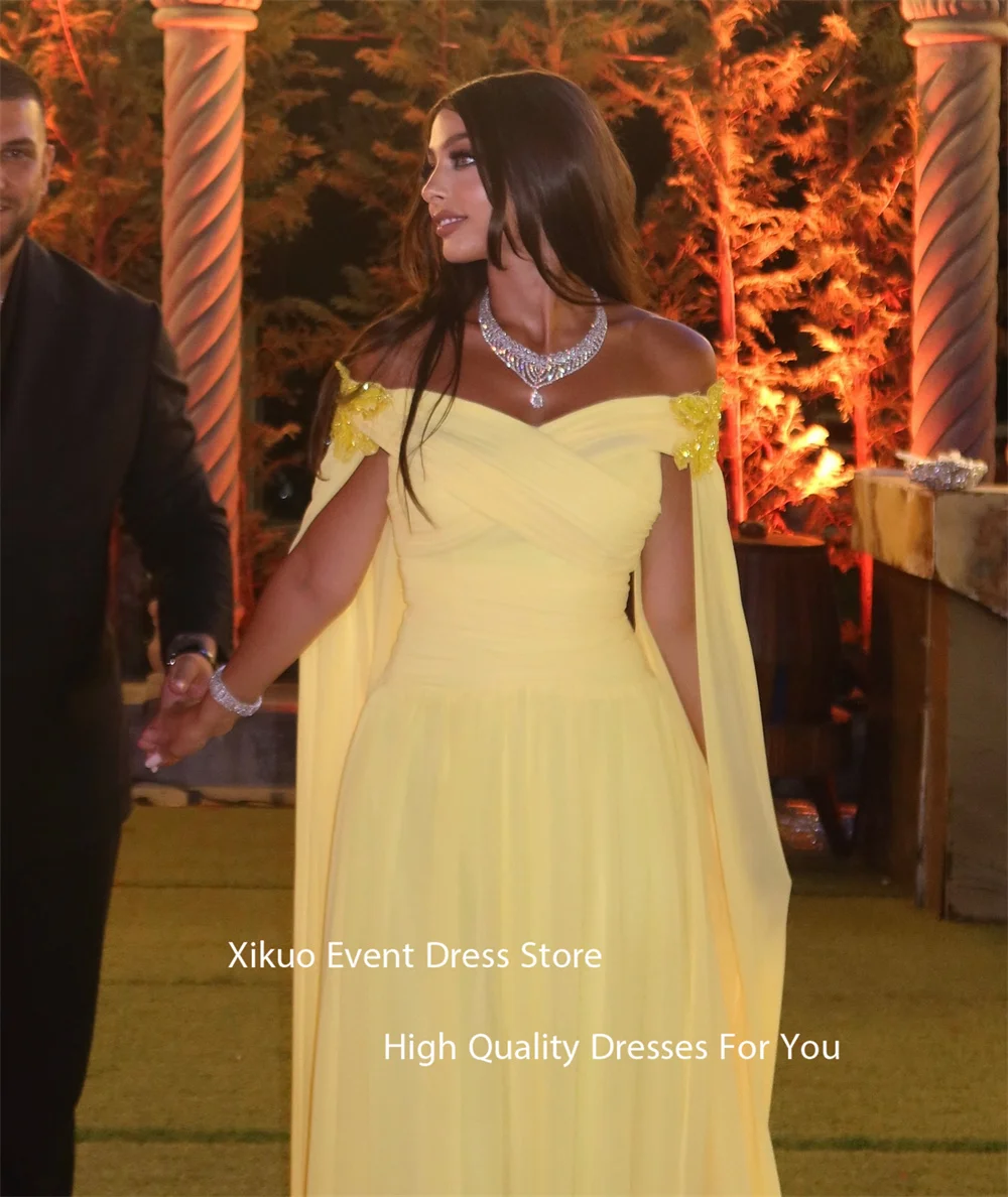 Xikuo Off Shoulder Flowers Evening Dresses Yellow Pleated Party Dresses Formal Chiffon A Line Vestidos De Fiesta Customized