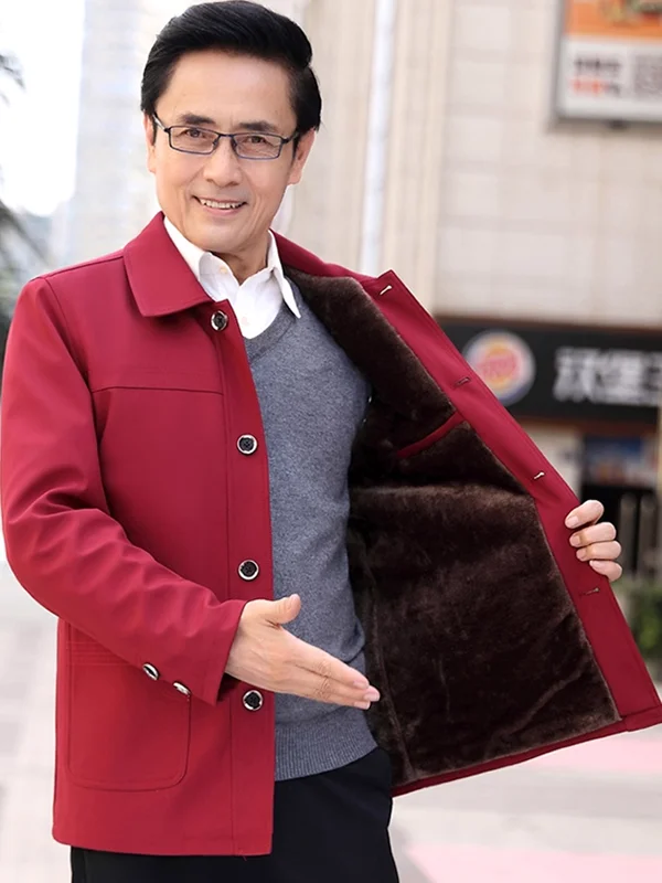 

Мужская демисезонная куртка-бомбер на меху, ветрозащитная, повседневная, деловая, с воротником-стойкой, красная, для мужчин среднего возраста