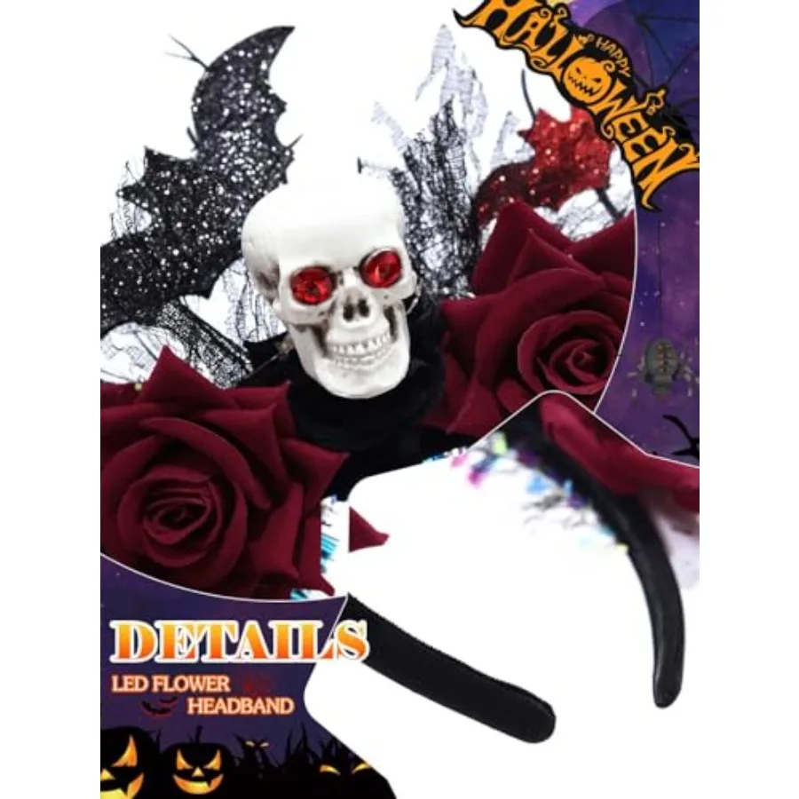 Faixa de cabeça de Halloween GlowintheDark com design de caveira e morcego para fantasia cosplay, ideal para acessórios de festival de roupas de festa femininas