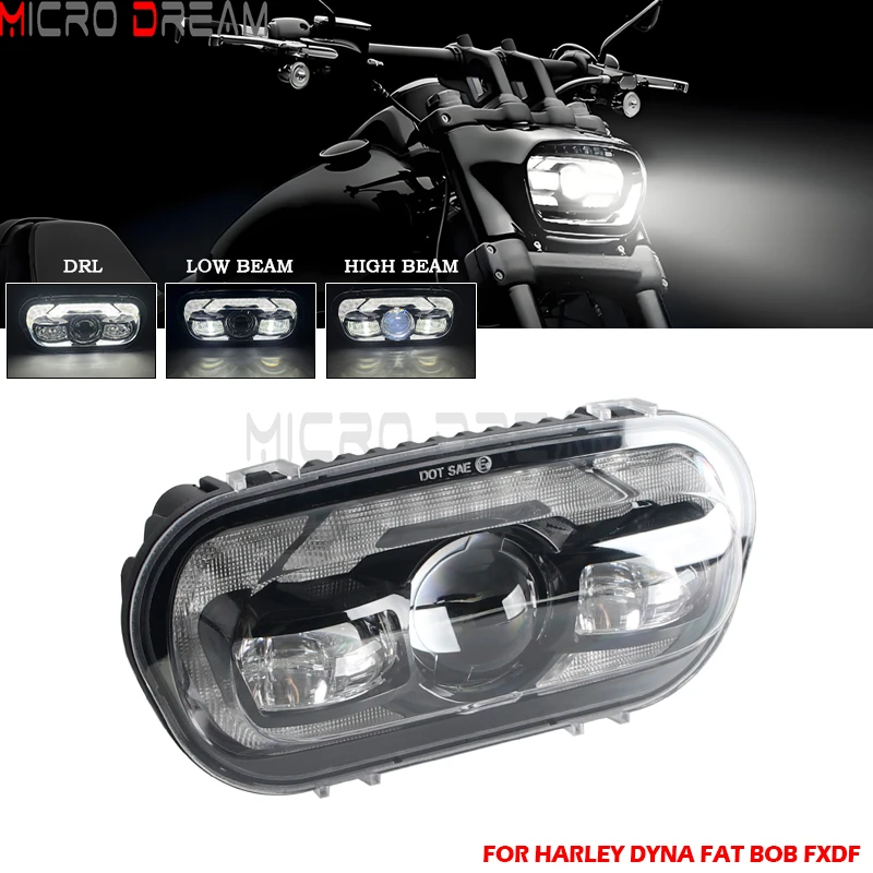 For Harley Dyna Fat Bob FXDF 2008-2017 Motorcycle LED Headlight Assembly E9 E-Mark Front Head Light High/ Low Beam DRL Headlamp