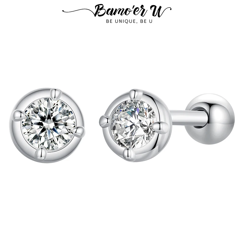 Bamoer U 0.1CT Moissanite Ear Studs Round Cut Lab Diamond Bezel Earrings for Women Engagement Jewelry Gift 925 Sterling Silver