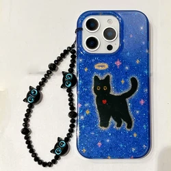 Chic Designed Glittering Blue Background Black Cat Wrist Chain Phone Case for iPhone 17 16 15 14 13 Pro Max Back Phone Cover