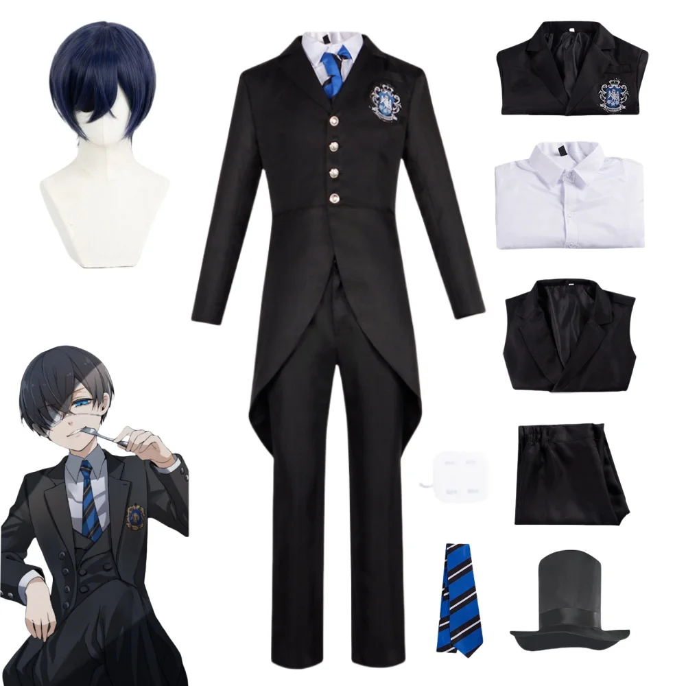 ชุดคอสเพลย์อนิเมะสีดำ Ciel phantomhive ชุดสองมิติชุดฮาโลวีนชุดหน้ากากพร้อมวิกผมรหัส Cai