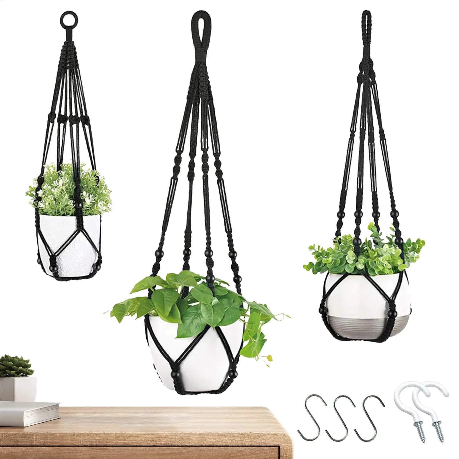 Macrame Plant Hanger 3 Pieces Handwoven Boho Basket Wall Plant Hanger For Outdoor Wall Window Bathroom Deck Flower Shops
