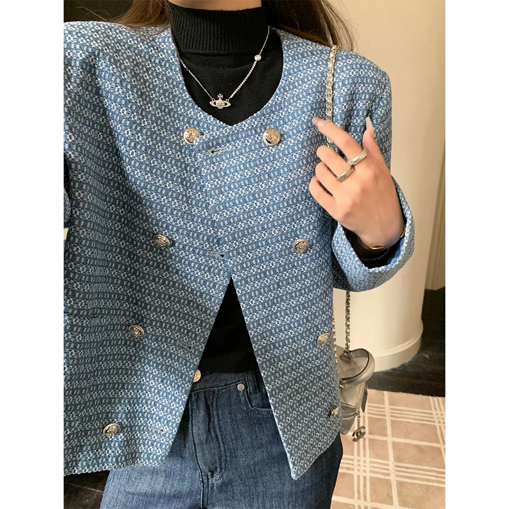 

Синее полосатое пальто-блейзер в стиле оверсайз, модное, тонкое, прямого кроя, для женщин