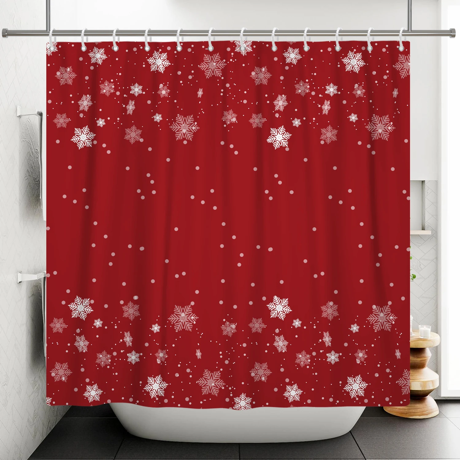 Red Christmas Theme Shower Curtain Winter Snow Decoration Bathroom Partition Polyester Waterproof Hanging Curtain With Hooks