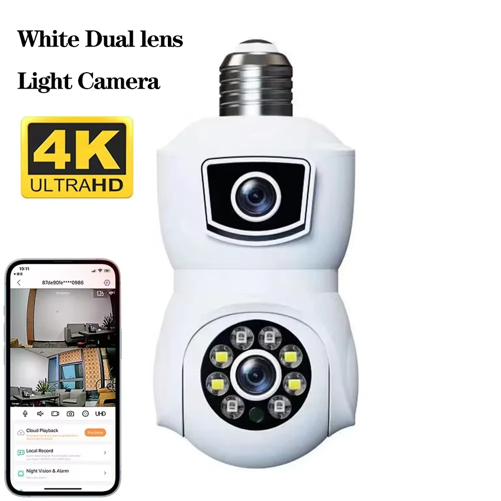 

4K 8MP Outdoor Security Camera E9 Bulb WiFi Camera Dual Lens Dual Screen Auto Tracking 5X Zoom Two Way Audio Color Night Vision