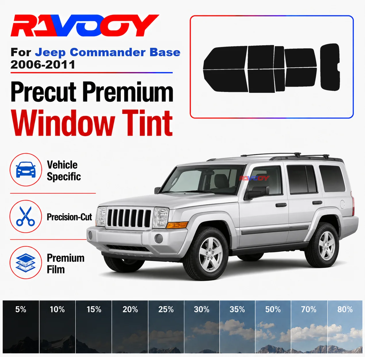 Premium Precut Window Tint Kit Front Rear Windows Rear Windshield For Jeep Commander Base 2006-2011 Car Solar Nano Ceramic Film