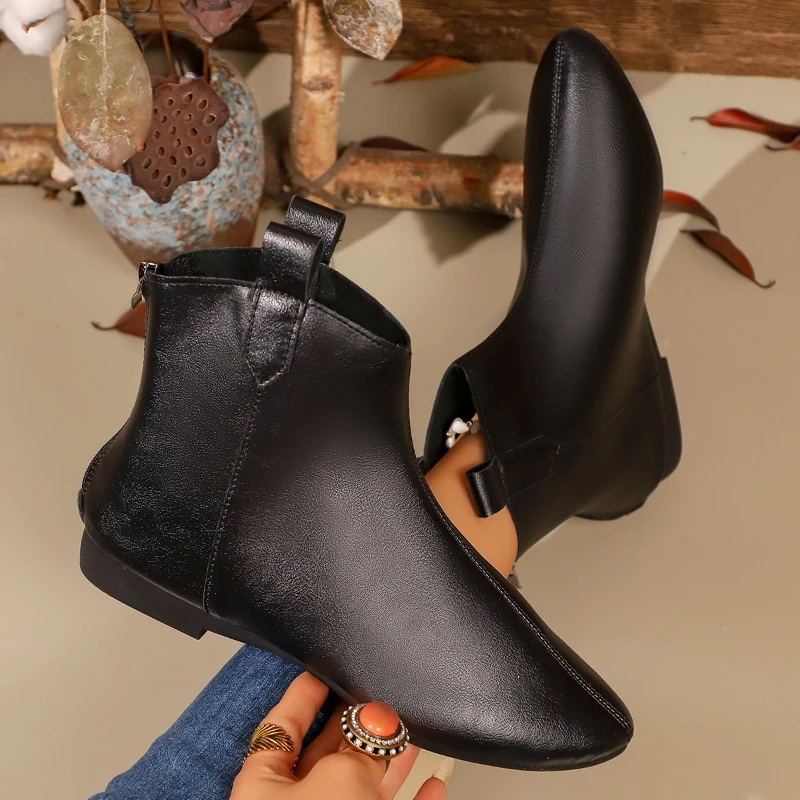 2026 Botas de cuero para mujer: botas occidentales con cremallera lateral y botines suaves con punta cuadrada para pies anchos y comodidad durante todo el día