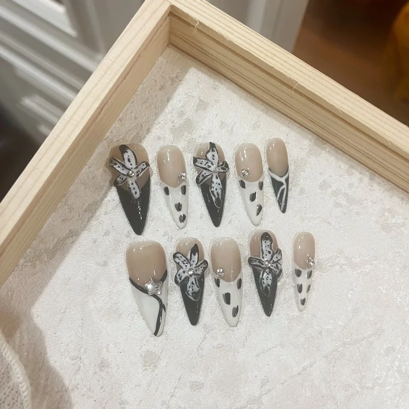 

10PCS Handmade 3D Flower Nails Press On Nails Elegant Temperament hot girl style False Nails High End diamond Removable Nail Art