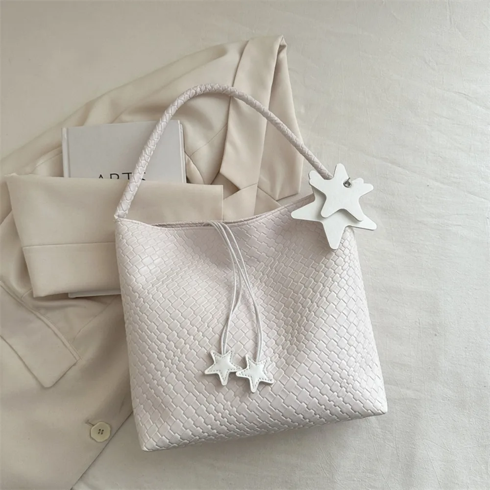 PU Leather Textured Tote Bag Large Capacity Drawstring Closure Large Capacity Tote Bag Star Accents Roomy Design