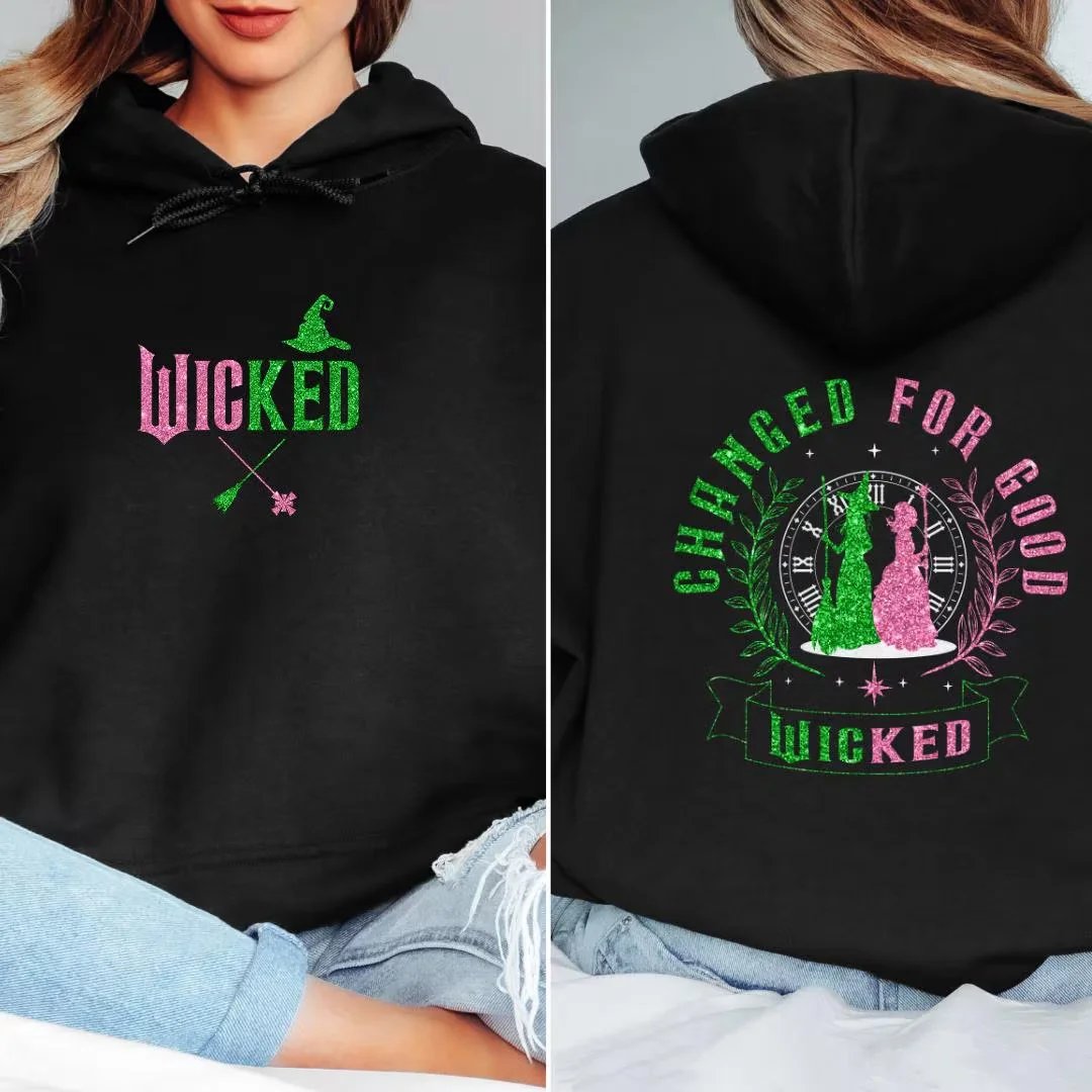 Wicked Defying Gravity Hoodie Men's and Women's Music Movie Pattern Pink Green Magic Broom Witch Casual Hoodie