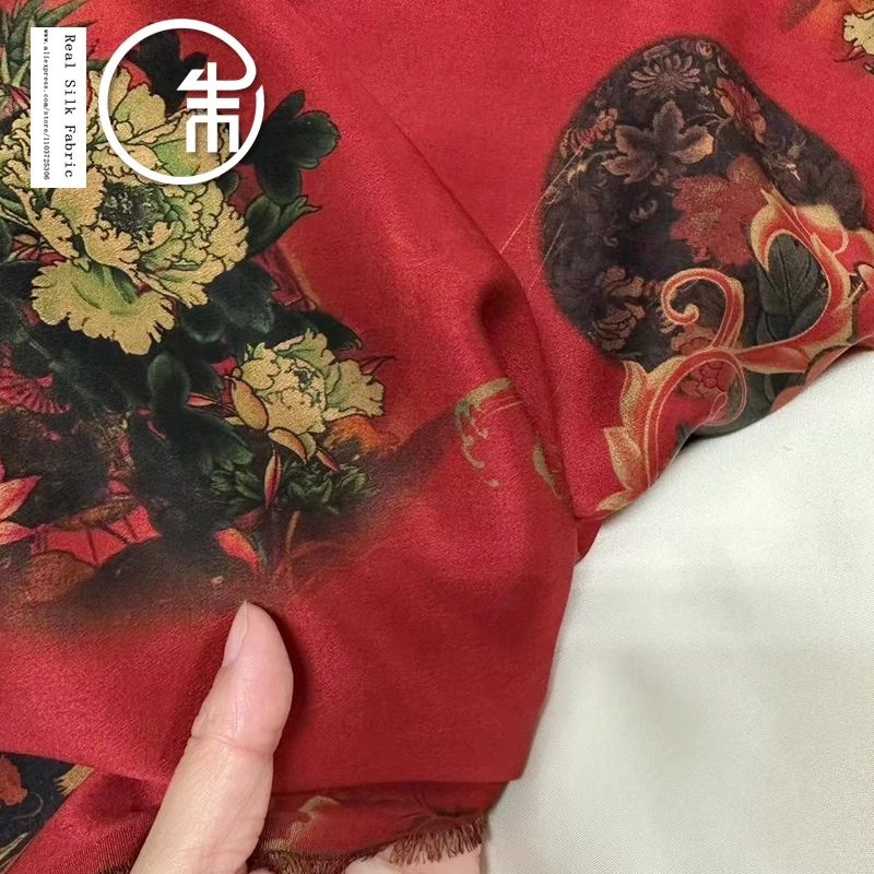 

High Quality 40momme Red Peony 100% Real Silk Designer Real Silk Gambiered Guangdong Silk Fabric Cheongsam Clothing Skirt Cloth