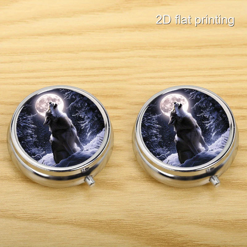 Moonlit Wolf Howl 5 Pattern Round Box, Comprehensive Metal Box with 3 Compartments, Simple Portable Sealed Box for Storage, Multi-Compartment Classification Box Suitable for Home Travel, Birthday Gifts, Christmas Gift Collection Box, Printing Position May Vary