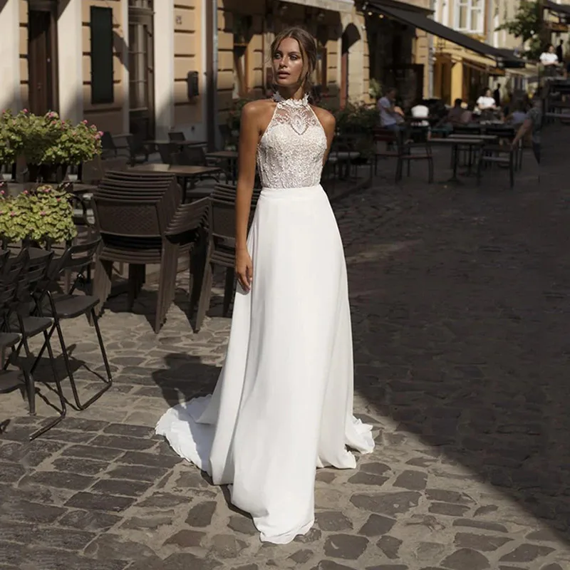 

Simple Halter Neck Wedding Dress Lace Party Dresses Appliques Backless Sweep Train Slide Slit Soft Chiffon vestidos de novia