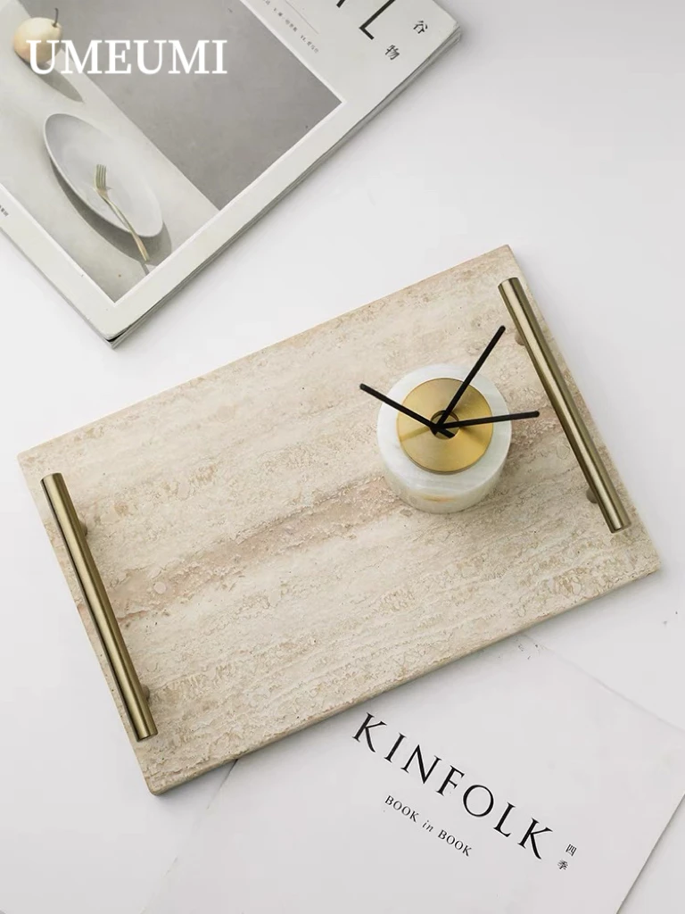 Light Luxury Contemporary Natural Cave Stone Tray Golden Handle Marble Saucer Bathroom Storage Perfume Tray Aromatherapy Decor