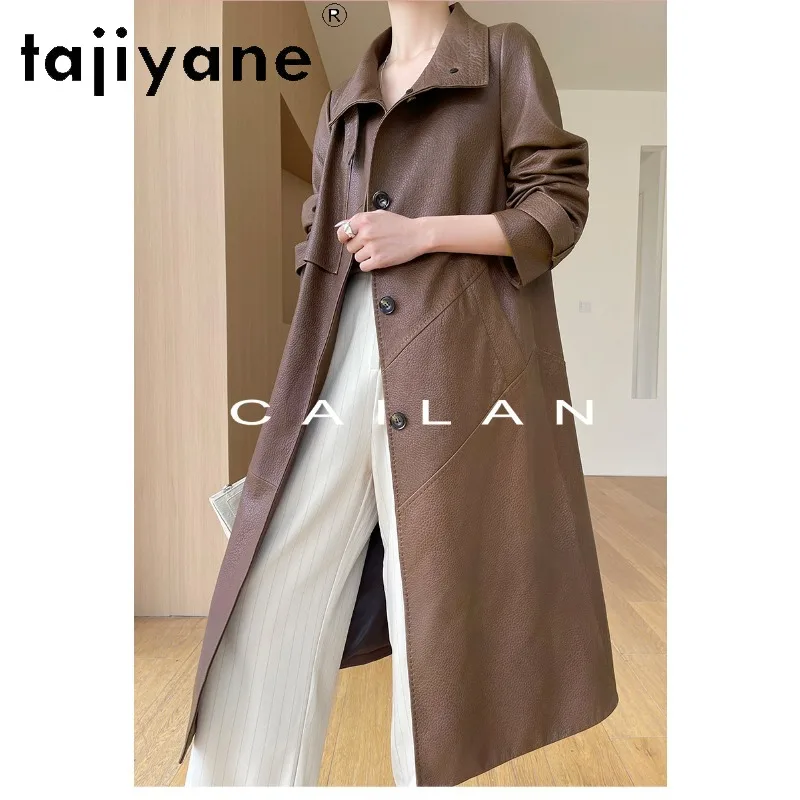 TAJIYANE Genuine Leather Jacket Women Litchi‑Grain Sheepskin Lapel Jackets Loose Outerwear Mid‑Length Trench Coat 110cm Дубленка